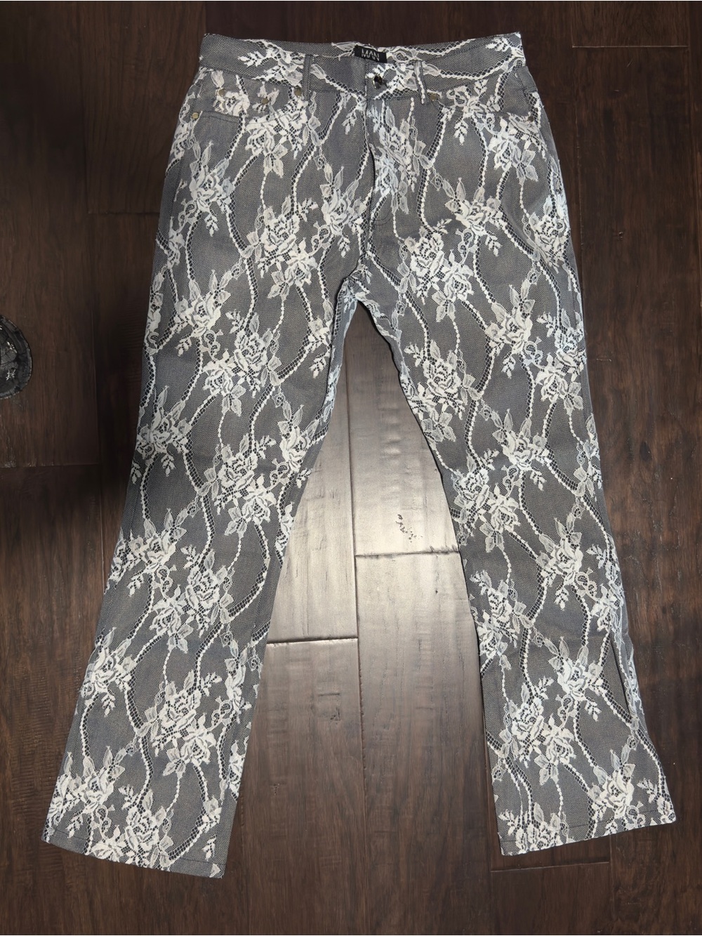 Alfani Slim Fit Gray Jeans with White Floral Lace Print